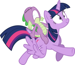 Size: 887x778 | Tagged: safe, artist:thorinair, spike, twilight sparkle, alicorn, dragon, pony, castle sweet castle, g4, dragons riding ponies, female, mare, ponyscape, riding, simple background, spike riding twilight, svg, transparent background, twilight sparkle (alicorn), vector, wing pull