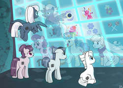Size: 1300x928 | Tagged: dead source, safe, artist:dsana, double diamond, night glider, party favor, sugar belle, earth pony, pegasus, pony, unicorn, g4, the cutie map, butt, cutie mark vault, equal four, equalized, female, male, mare, plot, reflection, stallion