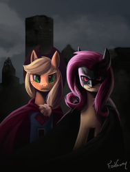 Size: 1024x1356 | Tagged: safe, artist:foxvanity, applejack, fluttershy, bat pony, earth pony, pony, g4, app-el, bat ponified, batman, batman v superman: dawn of justice, crossover, flutterbat, flutterbatman, race swap, superman