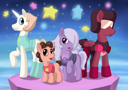 Size: 5100x3599 | Tagged: safe, artist:hirurux, earth pony, gem (race), gem pony, hybrid, pegasus, pony, unicorn, amethyst, amethyst (steven universe), colt, crystal gems, female, foal, fusion, garnet (steven universe), gem, gem fusion, group, hilarious in hindsight, male, mare, pearl, pearl (steven universe), ponified, quartet, quartz, steven quartz universe, steven universe