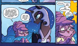 Size: 1272x755 | Tagged: safe, idw, official comic, doran, nightmare moon, alicorn, pony, g4, spoiler:comic, spoiler:comicfiendshipismagic4, comic, ethereal mane, fangirling, female, mare, speech bubble, starry mane