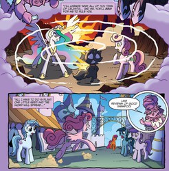 Size: 681x692 | Tagged: safe, idw, official comic, doran, nightmare moon, princess celestia, alicorn, cat, earth pony, nyx (moon creatures), pegasus, pony, unicorn, fiendship is magic #4, g4, my little pony: fiendship is magic, spoiler:comic, canterlot, comic, ethereal mane, female, mare, nightmare, speech bubble, starry mane, tyrant celestia, unnamed character, unnamed pony