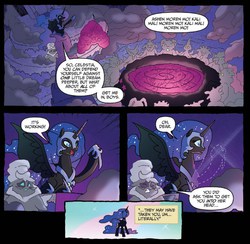 Size: 869x848 | Tagged: safe, idw, official comic, nightmare moon, alicorn, nightmare forces, pony, fiendship is magic #4, g4, my little pony: fiendship is magic, spoiler:comic, chanting, comic, ethereal mane, female, magic, mare, nightmare creature, speech bubble, starry mane, unnamed character, unnamed nightmare forces
