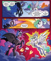 Size: 671x804 | Tagged: safe, idw, official comic, nightmare moon, princess celestia, alicorn, pony, g4, spoiler:comic, spoiler:comicfiendshipismagic4, comic, duo, ethereal mane, female, fight, mare, sisters, speech bubble, starry mane