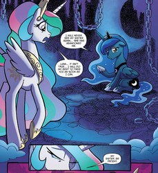 Size: 685x747 | Tagged: safe, idw, official comic, princess celestia, princess luna, alicorn, pony, fiendship is magic #4, g4, my little pony: fiendship is magic, spoiler:comic, chains, comic, crying, duo, ethereal mane, female, mare, royal sisters, sisters, speech bubble, starry mane