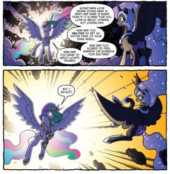 Size: 655x670 | Tagged: safe, idw, official comic, nightmare moon, princess celestia, alicorn, pony, g4, spoiler:comic, spoiler:comicfiendshipismagic4, badass, comic, duo, ethereal mane, female, fight, glowing eyes, mare, sisters, speech bubble, spread wings, starry mane, wings