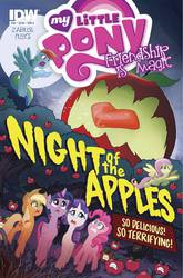 Size: 791x1200 | Tagged: safe, artist:tony fleecs, idw, applejack, fluttershy, pinkie pie, rainbow dash, rarity, twilight sparkle, alicorn, living apple, pony, g4, night of the living apples, spoiler:comic, spoiler:comic32, apple, attack of the killer tomatoes, cover, female, food, mane six, mare, sweet apple acres, twilight sparkle (alicorn)
