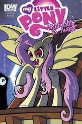 Size: 791x1200 | Tagged: safe, artist:thom zahler, idw, official comic, fluttershy, bat pony, pony, g4, spoiler:comic, spoiler:comic32, clock, comic cover, cover, cover art, fangs, female, flutterbat, lightning, mare, my little pony logo, night, open mouth, outdoors, raised hoof, solo, spread wings, tail, variant cover, wings