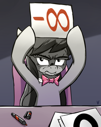 Size: 1000x1250 | Tagged: safe, artist:php87, octavia melody, earth pony, pony, bloom & gloom, g4, chair, female, frown, glare, hoof hold, infinity, infinity symbol, judges, looking at you, mare, marker, negative infinity, octavia is not amused, sitting, solo, table, unamused
