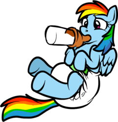 Size: 540x561 | Tagged: safe, artist:pidgopidgey, rainbow dash, g4, adult foal, bottle, bottle feeding, diaper, female, non-baby in diaper, poofy diaper, solo, super crinkle pony adventure 64