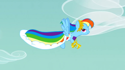 Size: 1366x768 | Tagged: safe, screencap, rainbow dash, g4, suited for success, clothes, dress, female, flying, gala dress, rainbow dash always dresses in style, solo