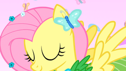 Size: 1366x768 | Tagged: safe, screencap, fluttershy, butterfly, g4, suited for success, clothes, dress, female, gala dress, solo