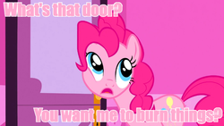 Size: 640x360 | Tagged: safe, pinkie pie, g4, female, image macro, meme, pink text, solo