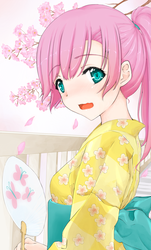 Size: 727x1200 | Tagged: safe, artist:d-tomoyo, fluttershy, human, g4, alternate hairstyle, blushing, cherry blossoms, cute, female, heart eyes, humanized, kimono (clothing), shyabetes, solo, uchiwa, wingding eyes, yukata