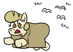 Size: 648x465 | Tagged: safe, artist:jargon scott, oc, oc only, oc:bread pony, bird, bread pony, food pony, original species, pony, bread, bread head, caw, chase, d:, female, frown, mare, open mouth, running, scared, simple background, solo, white background, wide eyes