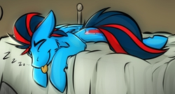 Size: 1553x839 | Tagged: safe, artist:ralek, oc, oc only, oc:andrew swiftwing, pegasus, pony, bed, cute, cutie mark, male, sleeping, smiling, solo, stallion, tongue out