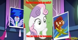 Size: 693x355 | Tagged: safe, screencap, soarin', sweetie belle, pony, castle sweet castle, g4, my little pony: friendship is magic, exploitable meme, image macro, meme, poster, sudden clarity sweetie belle, unnamed character, unnamed pony, wonderbolts poster