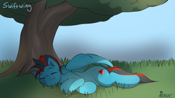 Size: 1920x1080 | Tagged: safe, artist:noben, oc, oc only, oc:andrew swiftwing, pegasus, pony, cutie mark, eyes closed, grass, male, sleeping, smiling, solo, stallion, tree