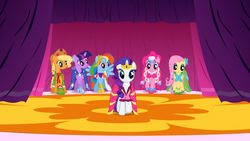 Size: 1366x768 | Tagged: safe, screencap, applejack, fluttershy, pinkie pie, rainbow dash, rarity, twilight sparkle, g4, suited for success, female, mane six