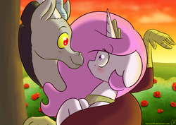 Size: 7016x4961 | Tagged: safe, artist:lrusu, discord, princess celestia, g4, absurd resolution, blushing, female, male, pink-mane celestia, ship:dislestia, shipping, straight, young, younger
