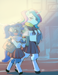 Size: 700x906 | Tagged: safe, artist:hae-hyun, princess celestia, princess luna, anthro, arm hooves, clothes, school uniform, schoolgirl