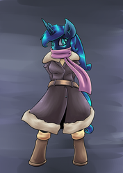 Size: 2894x4093 | Tagged: dead source, safe, artist:lovelyneckbeard, princess luna, anthro, g4, boots, clothes, coat, cute, female, fluffy, looking at you, scarf, solo