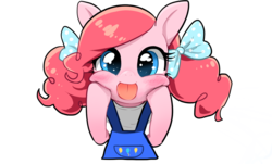 Size: 1254x758 | Tagged: safe, artist:quizia, pinkie pie, earth pony, pony, g4, alternate hairstyle, blushing, bust, clothes, cute, diapinkes, female, hooves on cheeks, looking at you, overalls, pigtails, quizia is trying to murder us, simple background, smiling, solo, squishy cheeks, tongue out, transparent background