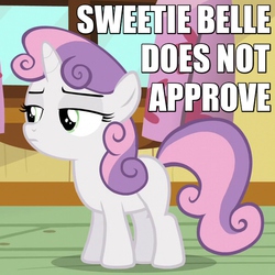 Size: 600x600 | Tagged: safe, edit, edited screencap, screencap, sweetie belle, pony, unicorn, bloom & gloom, g4, caption, disapproval, female, filly, foal, image macro, reaction image, solo, unamused