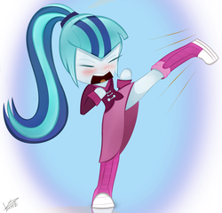 Size: 3280x3155 | Tagged: safe, artist:vipeydashie, sonata dusk, equestria girls, g4, action pose, blushing, female, high res, kick, solo