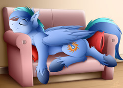 Size: 3500x2500 | Tagged: safe, artist:colarix, oc, oc only, oc:umami stale, pegasus, pony, couch, cute, dock, ear fluff, eyes closed, fluffy, high res, male, pillow, prone, shoulder fluff, sleeping, smiling, solo, stallion, unshorn fetlocks