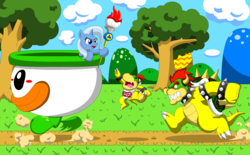 Size: 2100x1300 | Tagged: safe, artist:koopa-master, trixie, pony, unicorn, g4, angry, bowser, bowser jr, chase, crossover, father and son, female, koopa clown car, magic paintbrush, male, mare, stealing, super mario bros.