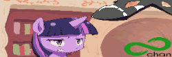 Size: 300x100 | Tagged: safe, artist:siagia, queen chrysalis, twilight sparkle, g4, /pone/, 8chan, animated, banner, female, floppy horn, frame by frame, frown, golden oaks library, horn, horn flick, twilight flopple, unamused