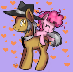 Size: 613x600 | Tagged: safe, artist:chiuuchiuu, igneous rock pie, pinkie pie, earth pony, pony, g4, daddy's little girl, father and daughter, filly, heart, male, pinkie pie riding igneous rock pie, ponies riding ponies, riding, stallion