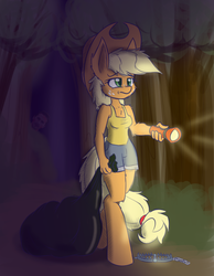 Size: 700x900 | Tagged: safe, artist:heir-of-rick, applejack, earth pony, anthro, daily apple pony, g4, actual cannibal shia labeouf, bag, bear trap, flashlight (object), shia labeouf, this will end in tears