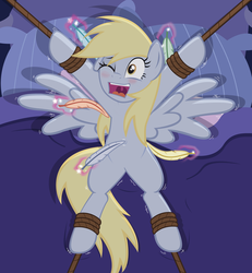 Size: 1024x1108 | Tagged: safe, artist:radiantrealm, derpy hooves, pegasus, pony, g4, belly, belly button, blushing, bondage, female, mare, navel play, rope, show accurate, spread eagle, tickle torture, tickling, tied up