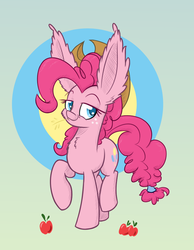 Size: 700x900 | Tagged: safe, artist:heir-of-rick, pinkie pie, daily apple pony, g4, accessory swap, alternate hairstyle, apple, applejack's hat, ear fluff, female, freckles, hat, impossibly large ears, solo, straw