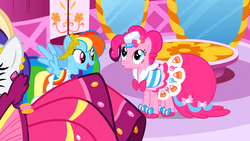 Size: 1366x768 | Tagged: safe, screencap, pinkie pie, rainbow dash, rarity, g4, suited for success, alternate hairstyle, clothes, dress, gala dress, gown, pinkie pie's first gala dress, rainbow dash's first gala dress, rarity's first gala dress