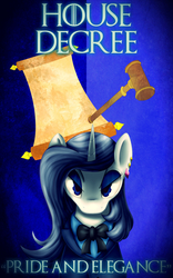Size: 2500x4000 | Tagged: safe, artist:pshyzomancer, oc, oc only, oc:platinum decree, pony, unicorn, clothes, earring, eyeshadow, frown, game of thrones, gavel, glare, looking at you, makeup, motto, piercing, ribbon, scroll, solo, suit, symbol