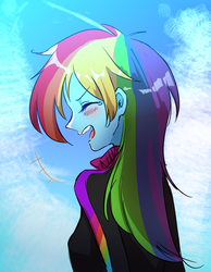 Size: 700x900 | Tagged: safe, artist:weiliy, rainbow dash, equestria girls, g4, blushing, bust, eyes closed, female, open mouth, profile, solo