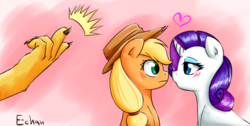 Size: 1200x604 | Tagged: safe, artist:mornincloud, applejack, discord, rarity, draconequus, earth pony, pony, unicorn, g4, blushing, discord the shipper, female, frown, fudanshi, lesbian, lesbian in front of boys, looking at each other, male, mare, offscreen character, offscreen male, open mouth, ship:rarijack, shipping