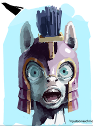 Size: 436x590 | Tagged: safe, artist:someschmoe, flockmod, helmet, looking at you, open mouth, portrait, royal guard, scared