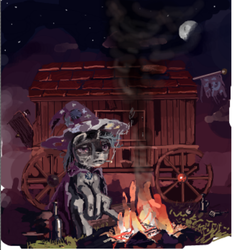 Size: 487x510 | Tagged: safe, artist:someschmoe, trixie, pony, unicorn, g4, alcohol, campfire, carriage, cigarette, clothes, female, fire, flockmod, mare, night, sad, sky, smoke, smoking, the sad and depressive trixie