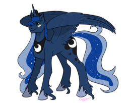 Size: 700x570 | Tagged: safe, artist:fantasyinsanity, princess luna, g4, ear fluff, female, simple background, smiling, solo, spread wings, tiny little head, transparent background, unshorn fetlocks