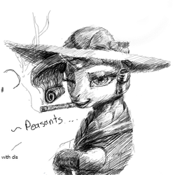 Size: 361x366 | Tagged: safe, artist:someschmoe, rarity, oc, g4, cigarette, clothes, flockmod, hat, insult, looking at you, monochrome, portrait, smoking