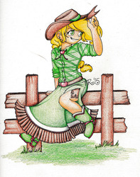 Size: 1024x1298 | Tagged: safe, artist:twisted-sketch, applejack, human, g4, clothes, dress, female, fence, humanized, smiling, solo, traditional art