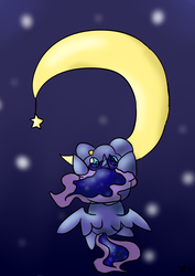 Size: 1024x1448 | Tagged: safe, artist:abdonis, princess luna, g4, female, filly, hang in there, hanging, moon, solo, spread wings, tangible heavenly object, woona