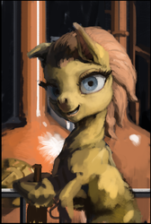 Size: 609x907 | Tagged: safe, artist:someschmoe, oc, oc only, oc:drizzle spark, alcohol, bipedal leaning, bottle, brewery, distillery, flockmod, half body, hoof hold, looking at you, open mouth, railing, smiling, solo