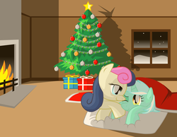 Size: 1800x1400 | Tagged: safe, artist:dekomaru, bon bon, lyra heartstrings, sweetie drops, g4, christmas, christmas tree, female, fireplace, lesbian, ship:lyrabon, shipping, tree, winter