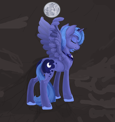 Size: 934x992 | Tagged: dead source, safe, artist:klaudiawolfkl4, princess luna, g4, both cutie marks, butt, eyes closed, female, mare in the moon, moon, plot, s1 luna, solo, spread wings, wip