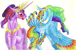 Size: 6968x4544 | Tagged: safe, artist:dawn22eagle, rainbow dash, twilight sparkle, alicorn, classical unicorn, pegasus, pony, g4, absurd resolution, blushing, colored wings, duo, female, gala, grand galloping gala, horn, leonine tail, lesbian, mare, multicolored wings, rainbow feathers, rainbow wings, regalia, ship:twidash, shipping, tail feathers, twilight sparkle (alicorn), wings